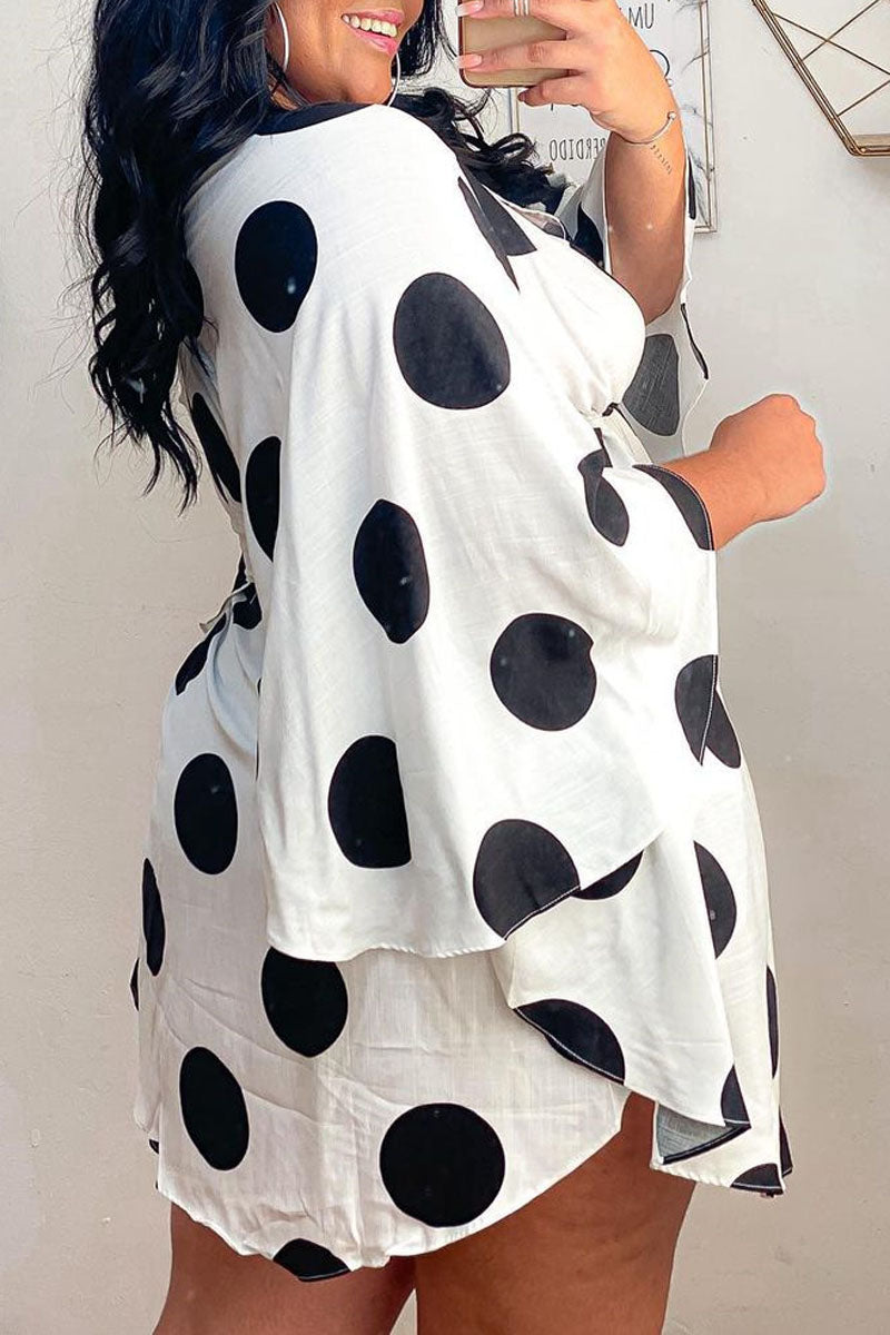 Plus Size V Neck Polka Dot Print Mini Dress