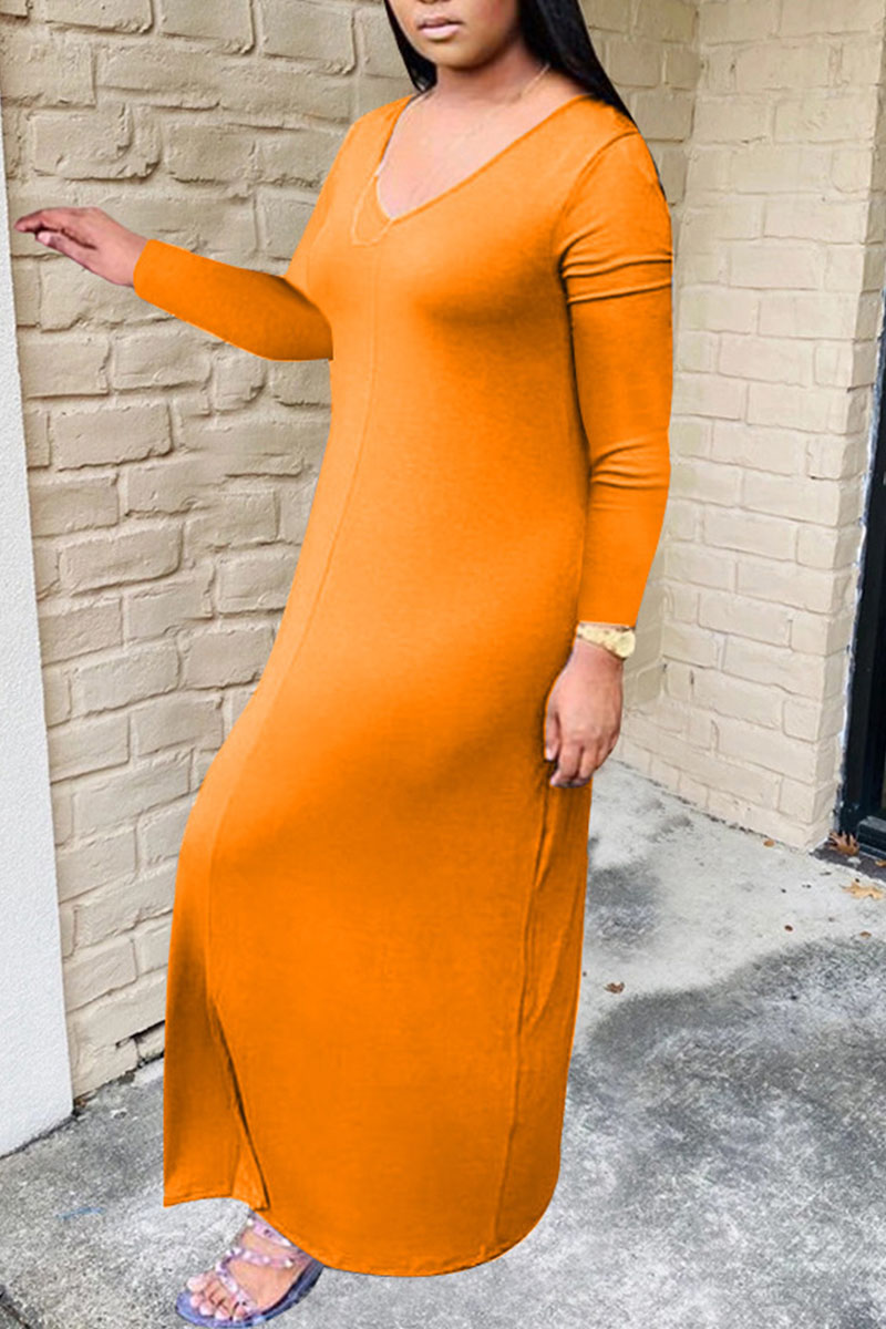 Plus Size Casual Comfy Solid Split Joint V Neck Long Sleeve Maxi Dresses