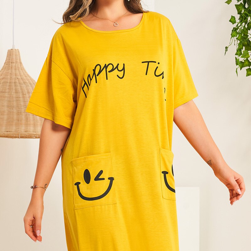 Summer New Women's Plus Size Casual Solid Color Letter Pattern Printing Simple Loose Long Short-sleeved Round Neck Home Dress