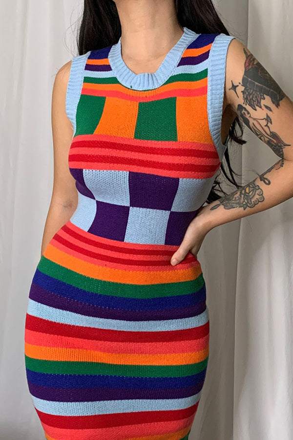 Striped Plaid Stitching Contrasting Color Sleeveless Tight Waist Wool Knit Midi Dress