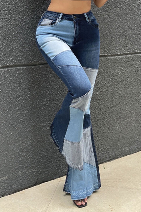 Fashion Asymmetric Color Block Stitching Slim Flare Jeans
