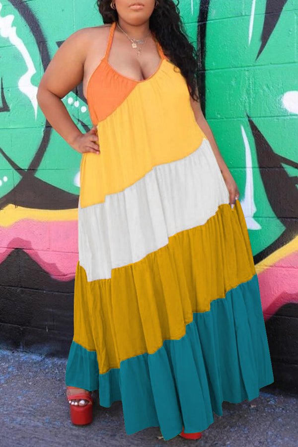 Plus Size Halter Color Block Tiered Maxi Dress