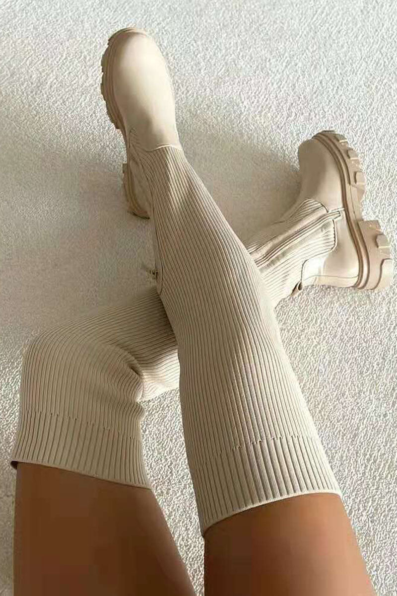 Platform Heels Round Head Leather Knit Stitching Over-the-knee Female Boots - Fashionaviv