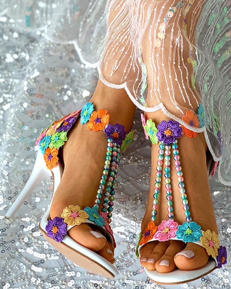 Lace Floral Pattern Colorful Beaded Thin Heels